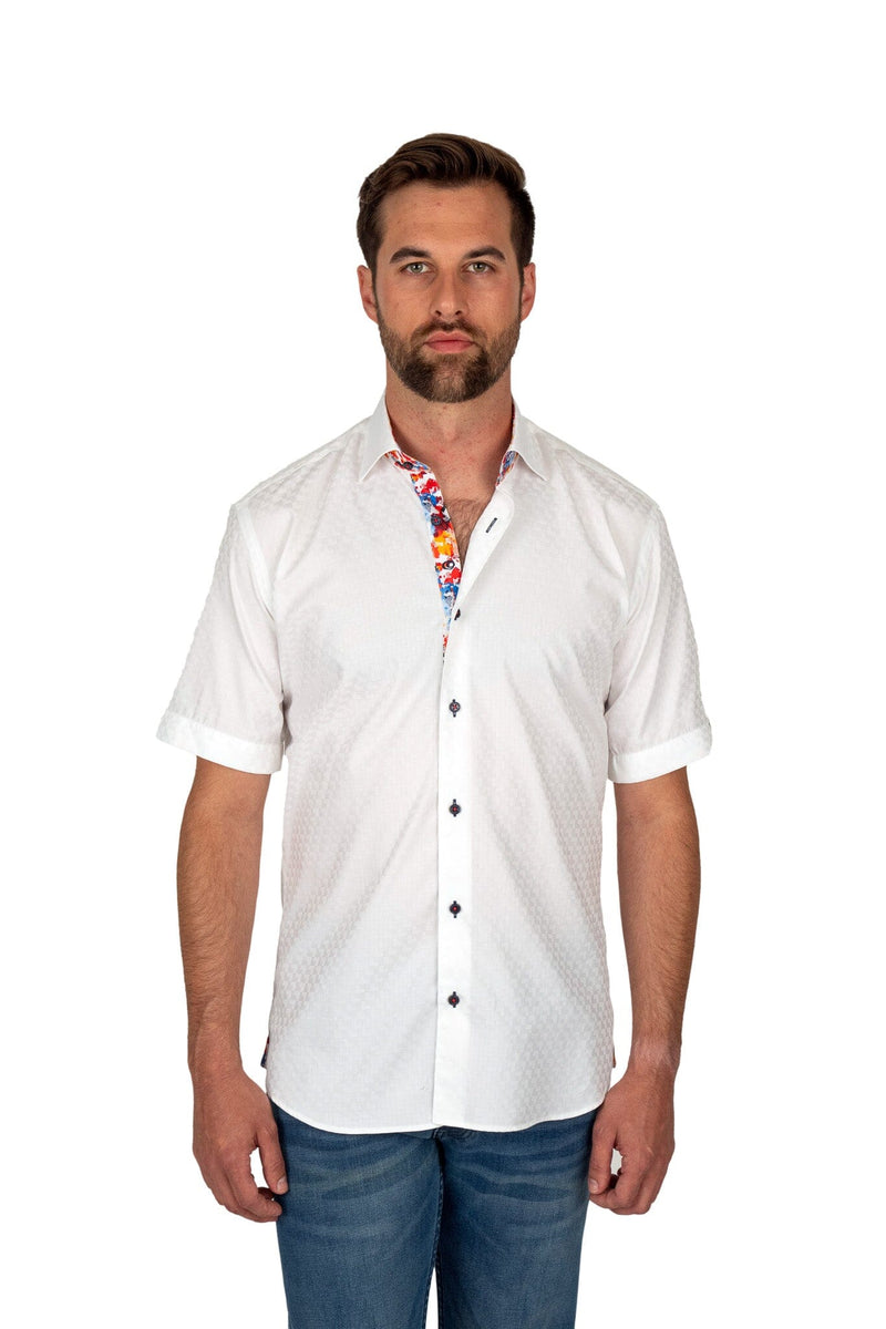 White Jacquard Colorful Trim Short Sleeve