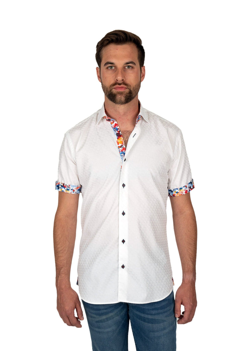 White Jacquard Colorful Trim Short Sleeve