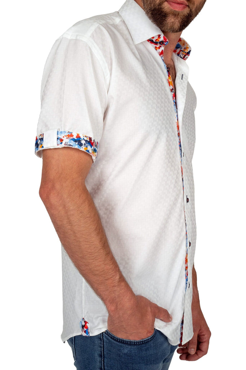 White Jacquard Colorful Trim Short Sleeve